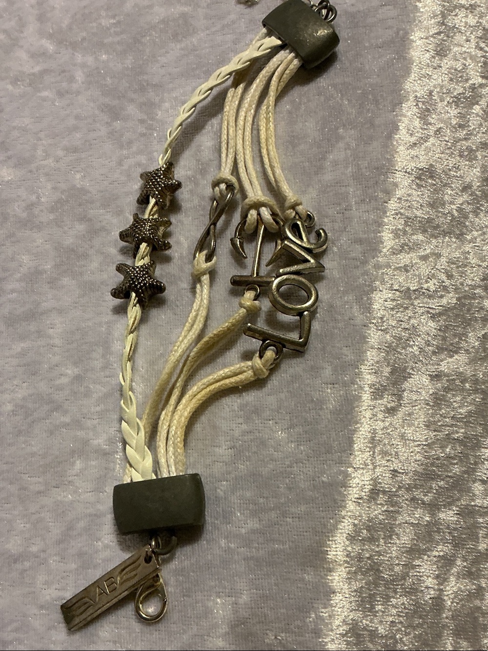 Beige Braided 'LOVE' Charm Bracelet with Star Accents